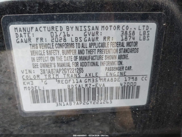 44448541 :رقم المزاد ، 3N1AB7AP2GY221265 vin ، 2016 Nissan Sentra Sr مزاد بيع