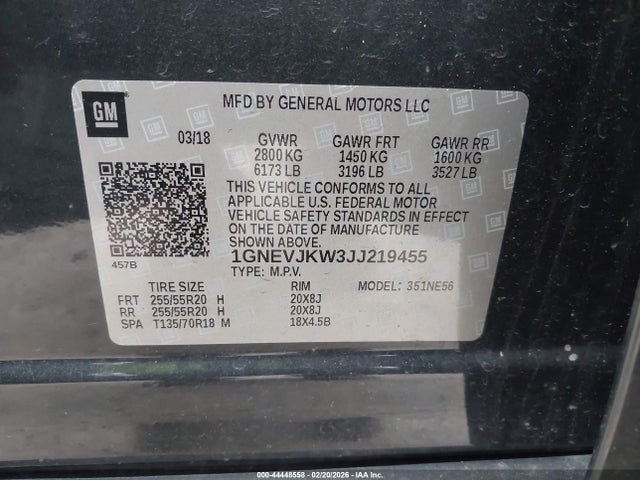 1GNEVJKW3JJ219455 Chevrolet Traverse Premier