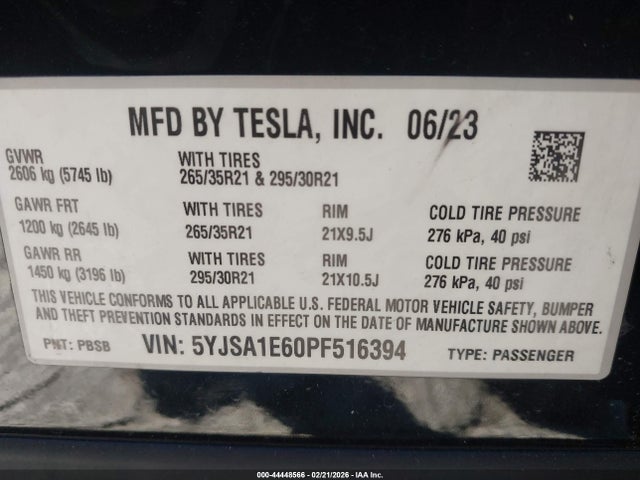 Продажа на аукционе авто 2023 Tesla Model S Plaid Tri Motor All-wheel Drive, vin: 5YJSA1E60PF516394, номер лота: 44448566