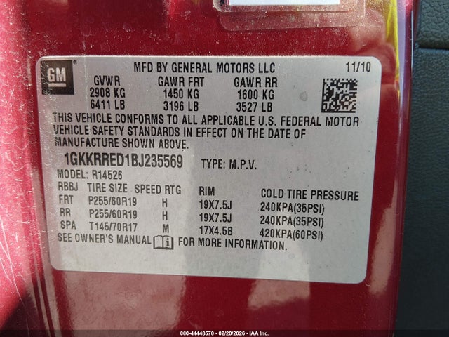 Aukcja sprzedaży 2011 Gmc Acadia Slt-1, vin: 1GKKRRED1BJ235569, numer aukcji: 44448570