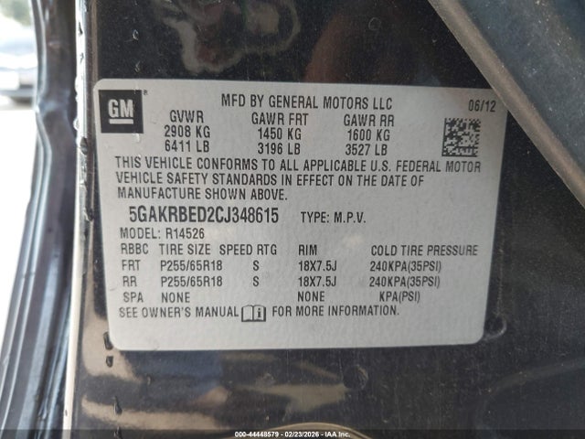 Aukcja sprzedaży 2012 Buick Enclave Convenience, vin: 5GAKRBED2CJ348615, numer aukcji: 44448579