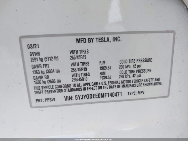 2021 TESLA MODEL Y 5YJYGDEE0MF140471 Photo 8