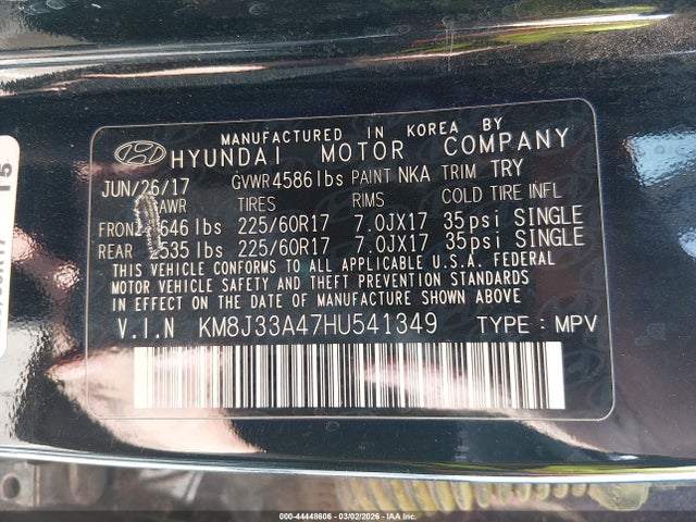 2017 Hyundai Tucson Se მანქანა იყიდება აუქციონზე, vin: KM8J33A47HU541349, აუქციონის ნომერი: 44448606
