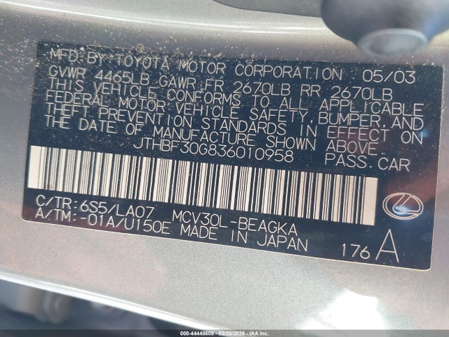44448608 :رقم المزاد ، JTHBF30G836010958 vin ، 2003 Lexus Es 300 مزاد بيع