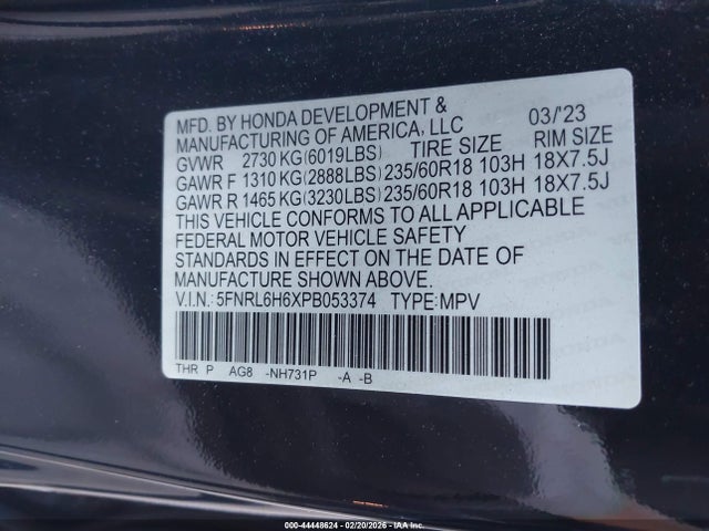 2023 HONDA ODYSSEY 5FNRL6H6XPB053374 Photo 8