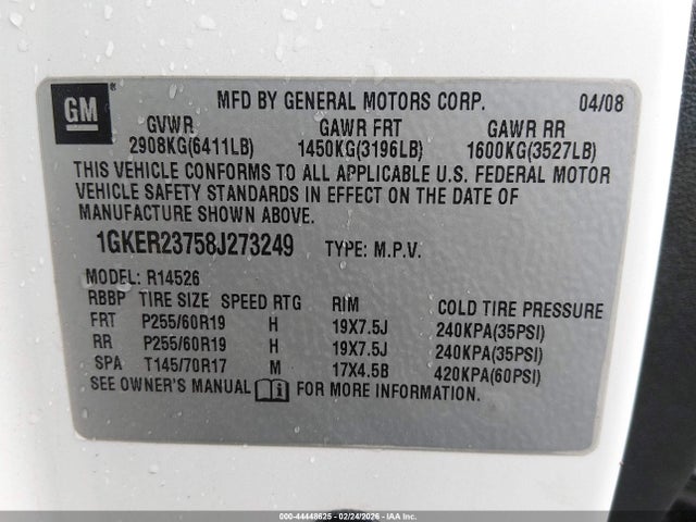 Aukcja sprzedaży 2008 Gmc Acadia Slt-1, vin: 1GKER23758J273249, numer aukcji: 44448625