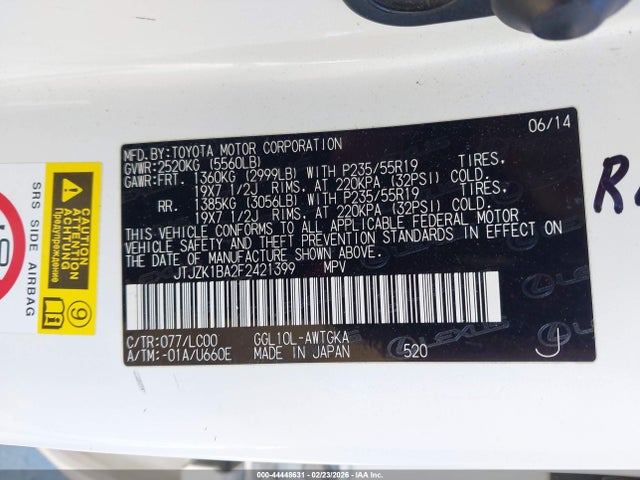 JTJZK1BA2F2421399 Lexus RX 350