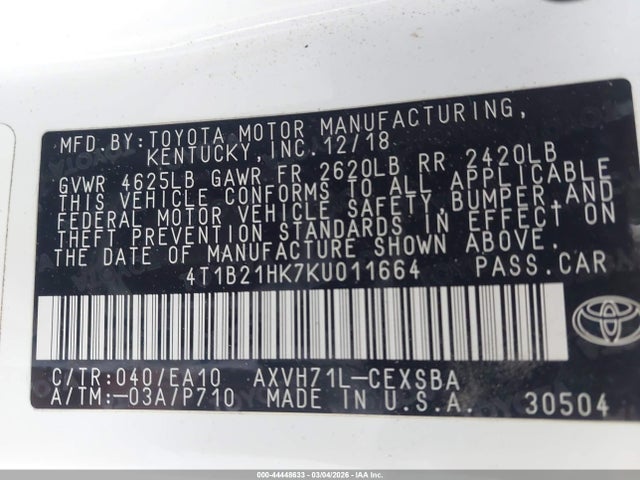 4T1B21HK7KU011664 Toyota Camry Hybrid Se