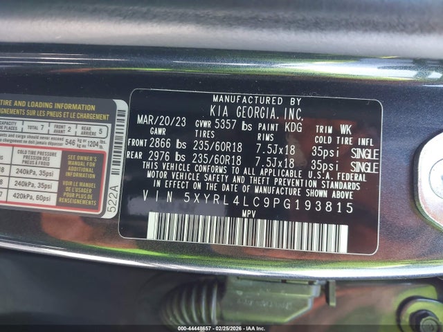44448657 :رقم المزاد ، 5XYRL4LC9PG193815 vin ، 2023 Kia Sorento S مزاد بيع