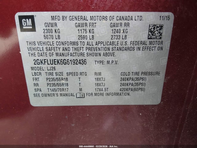 2016 Gmc Terrain Slt მანქანა იყიდება აუქციონზე, vin: 2GKFLUEK6G6192436, აუქციონის ნომერი: 44448660