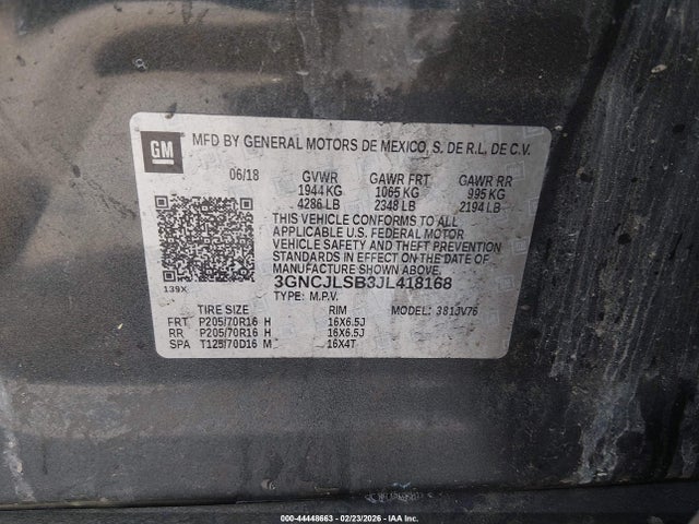3GNCJLSB3JL418168 Chevrolet Trax Lt