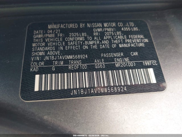 44448675 :رقم المزاد ، JN1BJ1AV0MW568924 vin ، 2021 Nissan Rogue Sport S Fwd Xtronic Cvt مزاد بيع