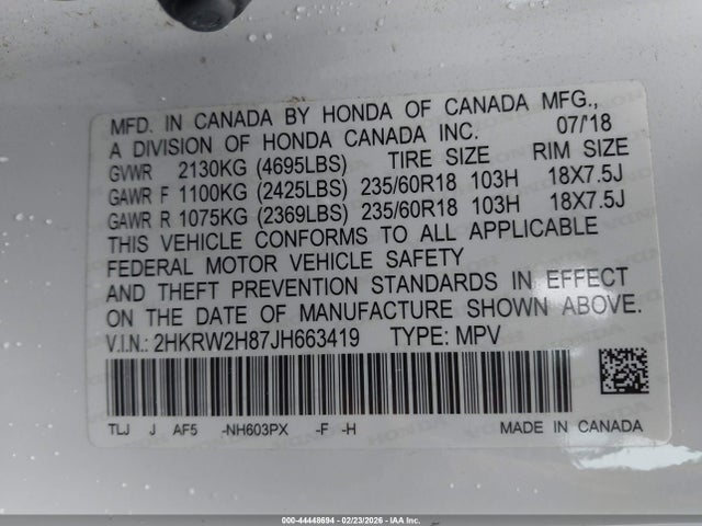 2HKRW2H87JH663419 Honda Cr-v Ex-l/ex-l Navi