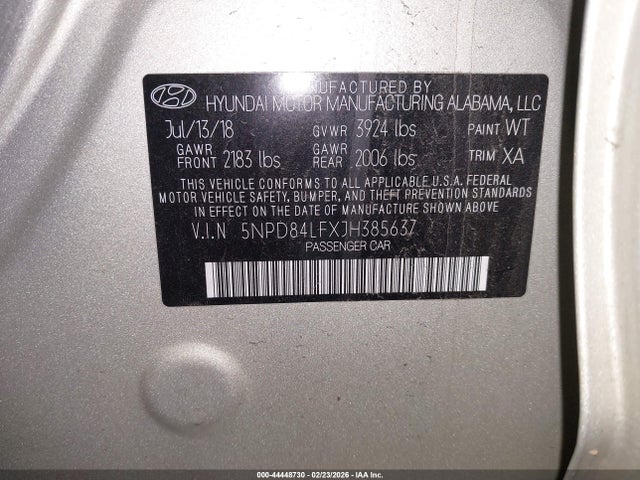 5NPD84LFXJH385637 Hyundai ELANTRA SEL