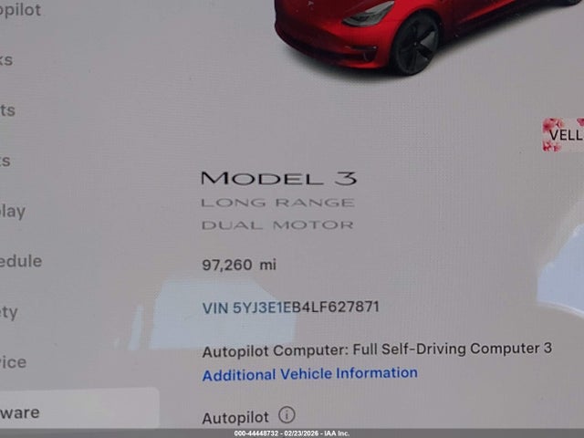 44448732 :رقم المزاد ، 5YJ3E1EB4LF627871 vin ، 2020 Tesla Model 3 Long Range Dual Motor All-wheel Drive مزاد بيع