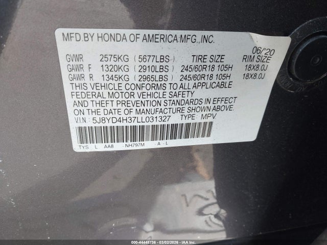 2020 Acura Mdx Standard მანქანა იყიდება აუქციონზე, vin: 5J8YD4H37LL031327, აუქციონის ნომერი: 44448736
