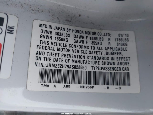 2010 Honda Insight Ex მანქანა იყიდება აუქციონზე, vin: JHMZE2H79AS028650, აუქციონის ნომერი: 44448737