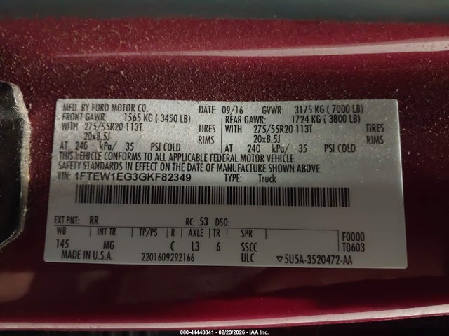 44448841 :رقم المزاد ، 1FTEW1EG3GKF82349 vin ، 2016 Ford F-150 Xlt مزاد بيع