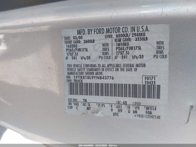 Aukcja sprzedaży 2000 Ford F-150 Lariat/work Series/xl/xlt, vin: 1FTRX18L9YNB43776, numer aukcji: 44448868