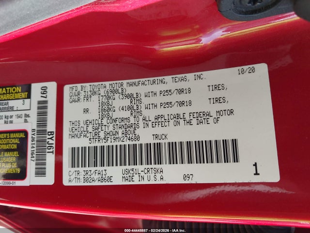 Продажа на аукционе авто 2021 Toyota Tundra Sr, vin: 5TFRY5F19MX274680, номер лота: 44448887