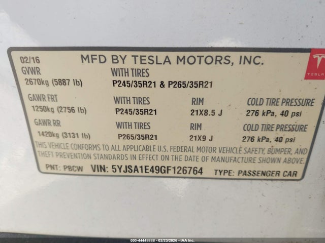 2016 TESLA MODEL S 5YJSA1E49GF126764 Photo 8