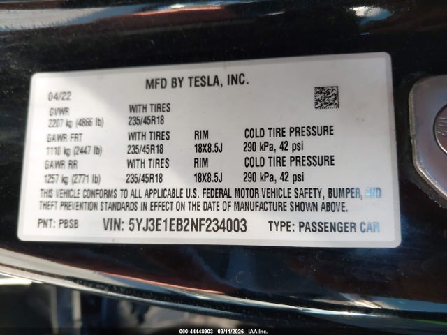 Продаж на аукціоні авто 2022 Tesla Model 3 Long Range Dual Motor All-wheel Drive, vin: 5YJ3E1EB2NF234003, номер лоту: 44448903