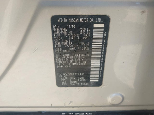 2011 Infiniti Qx56 მანქანა იყიდება აუქციონზე, vin: JN8AZ2NDXB9700807, აუქციონის ნომერი: 44448946