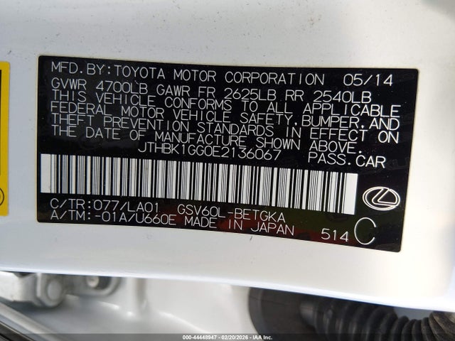 44448947 :رقم المزاد ، JTHBK1GG0E2136067 vin ، 2014 Lexus Es 350 مزاد بيع