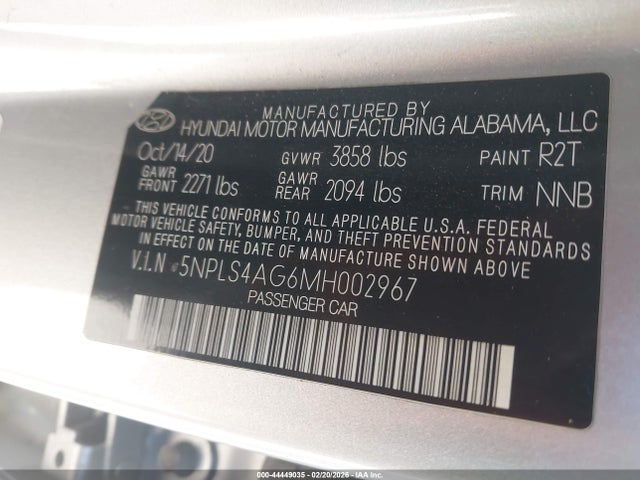 5NPLS4AG6MH002967 Hyundai ELANTRA SEL