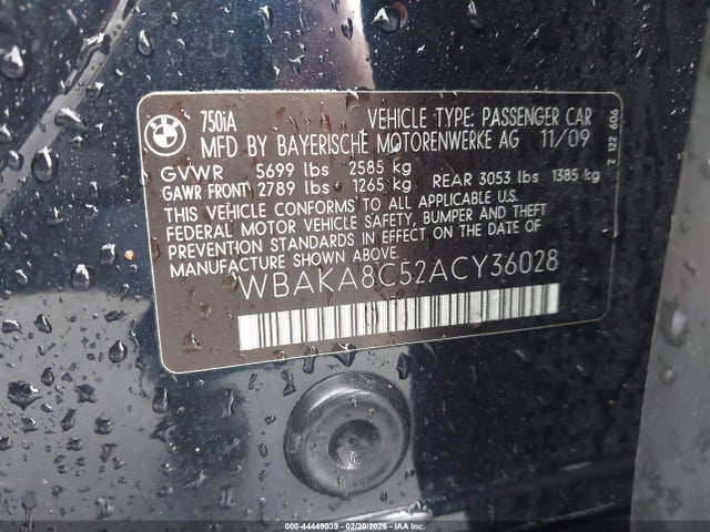 2010 Bmw 750i მანქანა იყიდება აუქციონზე, vin: WBAKA8C52ACY36028, აუქციონის ნომერი: 44449039