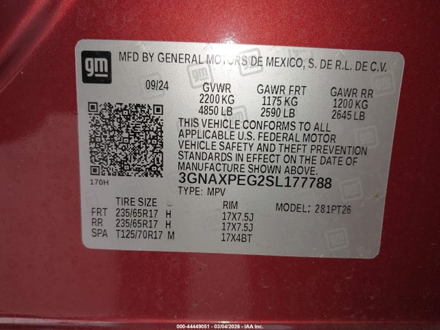 Продажа на аукционе авто 2025 Chevrolet Equinox Awd Lt, vin: 3GNAXPEG2SL177788, номер лота: 44449051