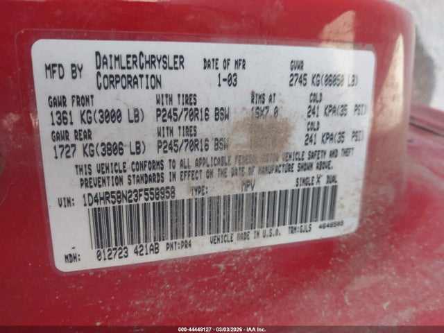 2003 DODGE DURANGO 1D4HR58N23F558958 Photo 8