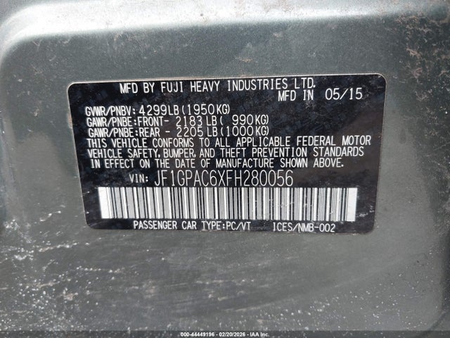 44449196 :رقم المزاد ، JF1GPAC6XFH280056 vin ، 2015 Subaru Impreza 2.0i Premium مزاد بيع