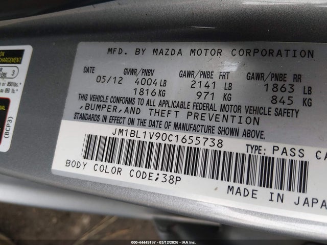 44449197 :رقم المزاد ، JM1BL1V90C1655738 vin ، 2012 Mazda Mazda3 S Touring مزاد بيع