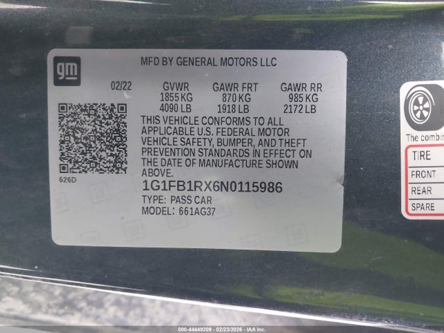 Aukcja sprzedaży 2022 Chevrolet Camaro Rwd  1lt, vin: 1G1FB1RX6N0115986, numer aukcji: 44449209