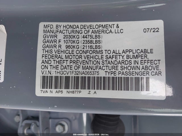 Продажа на аукционе авто 2022 Honda Accord Sport, vin: 1HGCV1F32NA065375, номер лота: 44449215