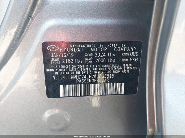 44449232 :رقم المزاد ، KMHD74LF2KU863815 vin ، 2019 Hyundai Elantra Se مزاد بيع