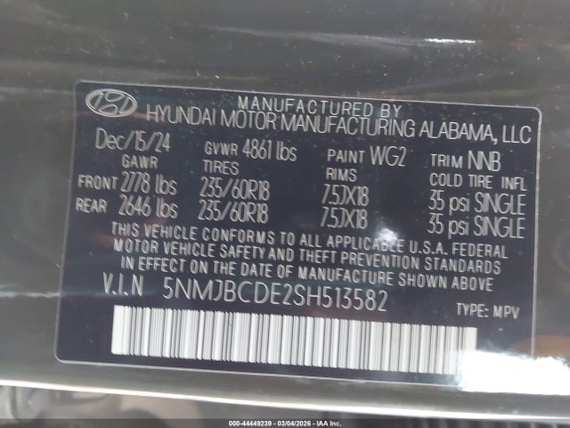 44449239 :رقم المزاد ، 5NMJBCDE2SH513582 vin ، 2025 Hyundai Tucson Sel مزاد بيع