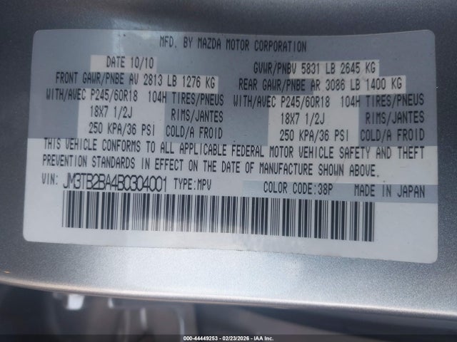 44449253 :رقم المزاد ، JM3TB2BA4B0304001 vin ، 2011 Mazda Cx-9 Sport مزاد بيع