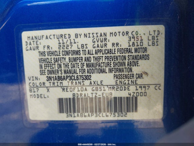 44449289 :رقم المزاد ، 3N1AB6AP3CL675302 vin ، 2012 Nissan Sentra 2.0 Sr مزاد بيع