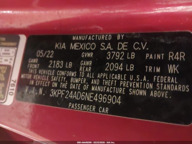 Продажа на аукционе авто 2022 Kia Forte Lxs, vin: 3KPF24AD6NE496904, номер лота: 44449299