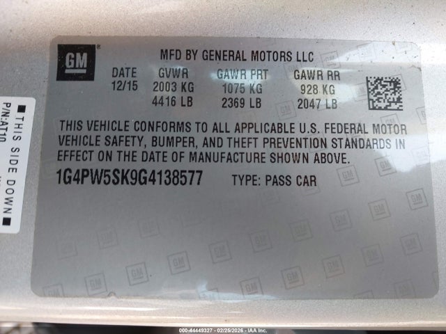 2016 Buick Verano Sport Touring Group მანქანა იყიდება აუქციონზე, vin: 1G4PW5SK9G4138577, აუქციონის ნომერი: 44449327