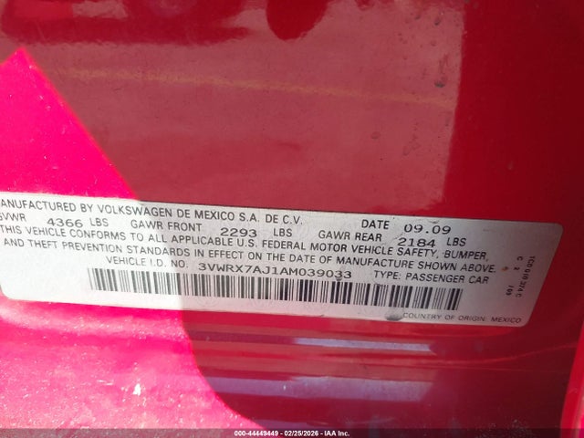 Продажа на аукционе авто 2010 Volkswagen Jetta Se, vin: 3VWRX7AJ1AM039033, номер лота: 44449449