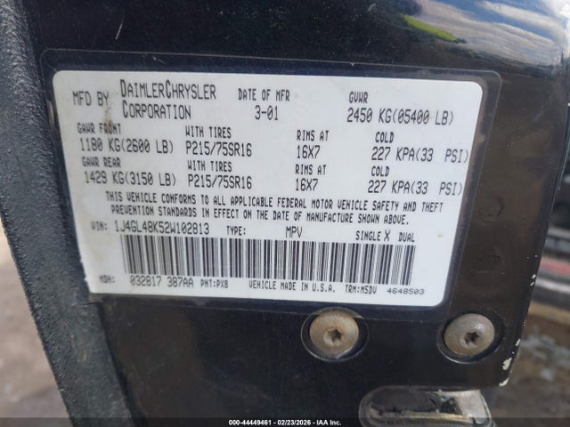 44449461 :رقم المزاد ، 1J4GL48K52W102813 vin ، 2002 Jeep Liberty Sport مزاد بيع