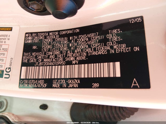 44449491 :رقم المزاد ، JTJBT20X460109950 vin ، 2006 Lexus Gx 470 مزاد بيع