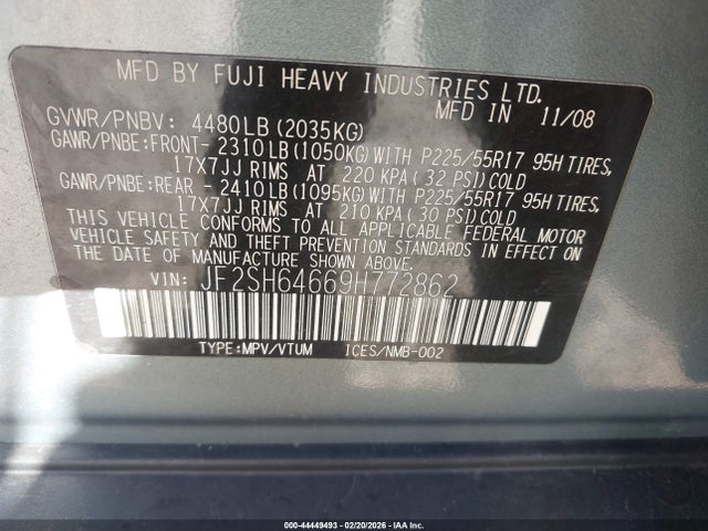 Aukcja sprzedaży 2009 Subaru Forester 2.5x Limited, vin: JF2SH64669H772862, numer aukcji: 44449493