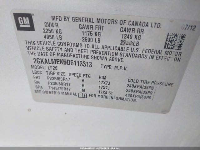 Aukcja sprzedaży 2013 Gmc Terrain Sle-1, vin: 2GKALMEK5D6113313, numer aukcji: 44449511