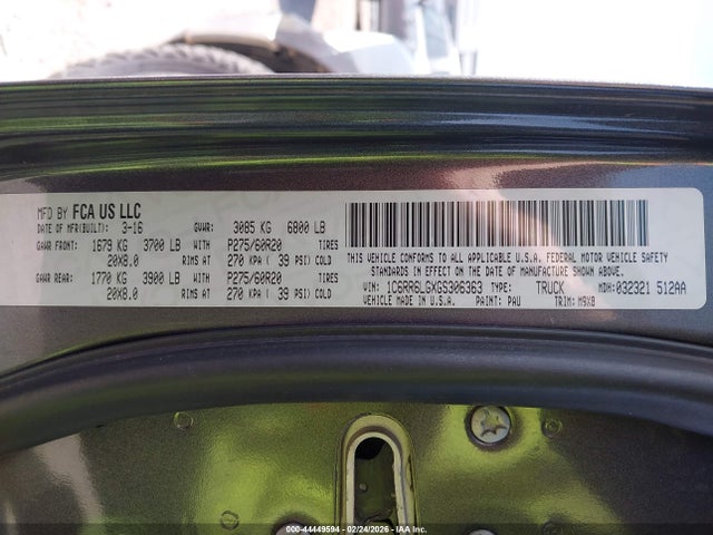 44449594 :رقم المزاد ، 1C6RR6LGXGS306363 vin ، 2016 Ram 1500 Lone Star مزاد بيع