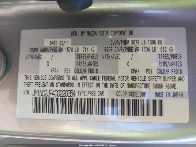 44449665 :رقم المزاد ، JM1NC2JF4C0220354 vin ، 2012 Mazda Mx-5 Miata Sport مزاد بيع