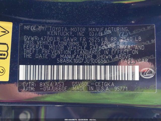 Aukcja sprzedaży 2018 Lexus Es 350, vin: 58ABK1GG7JU100655, numer aukcji: 44449676